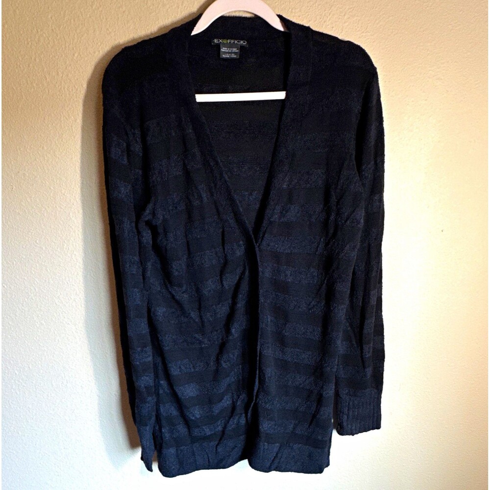 ExOfficio Women’s Cardigan Sweater Black Striped Knit Button-Front L (12-14)